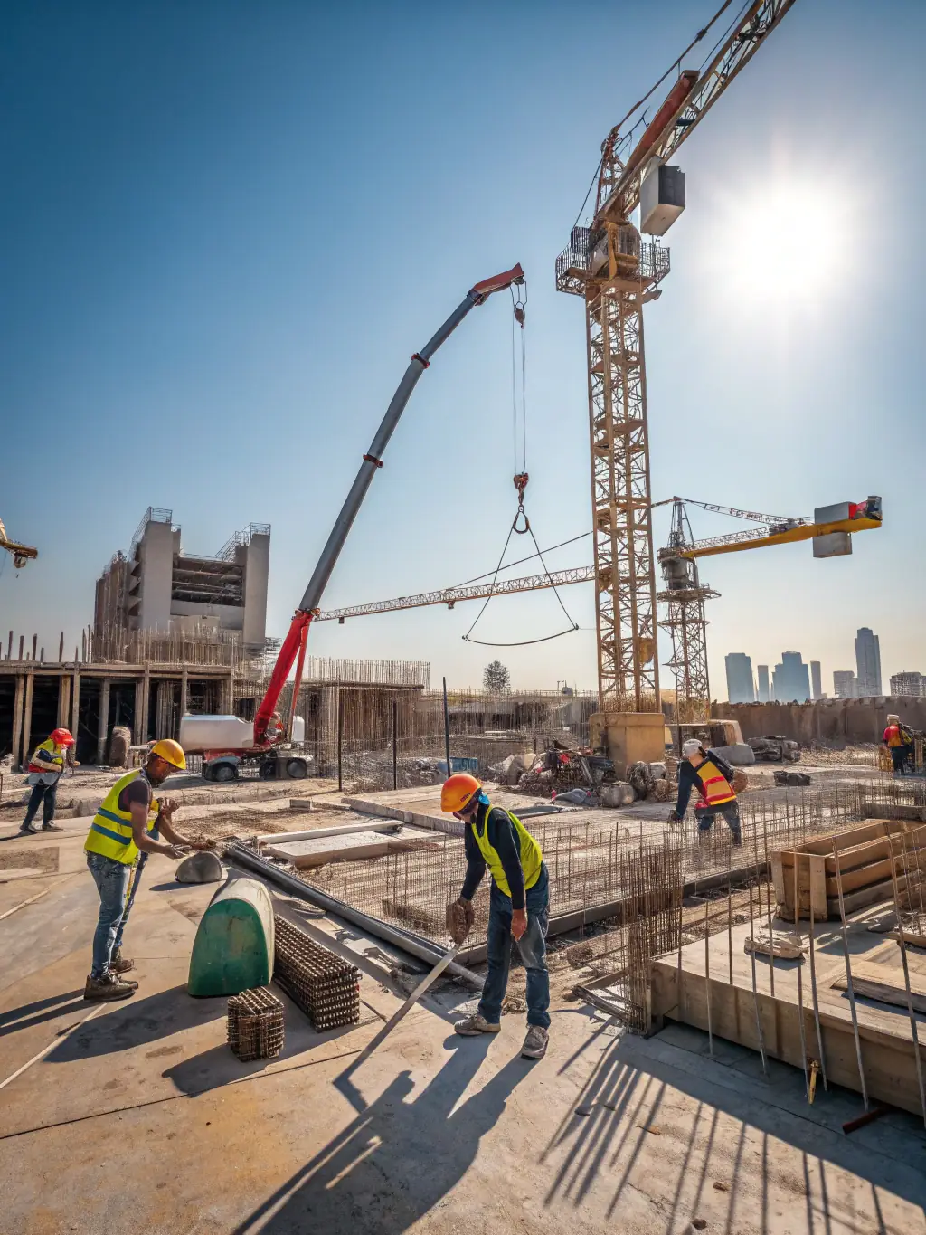 A modern construction site with multiple cranes and ongoing building activity, representing development finance in action. The sky is clear, and the scene is bustling with workers and machinery.
