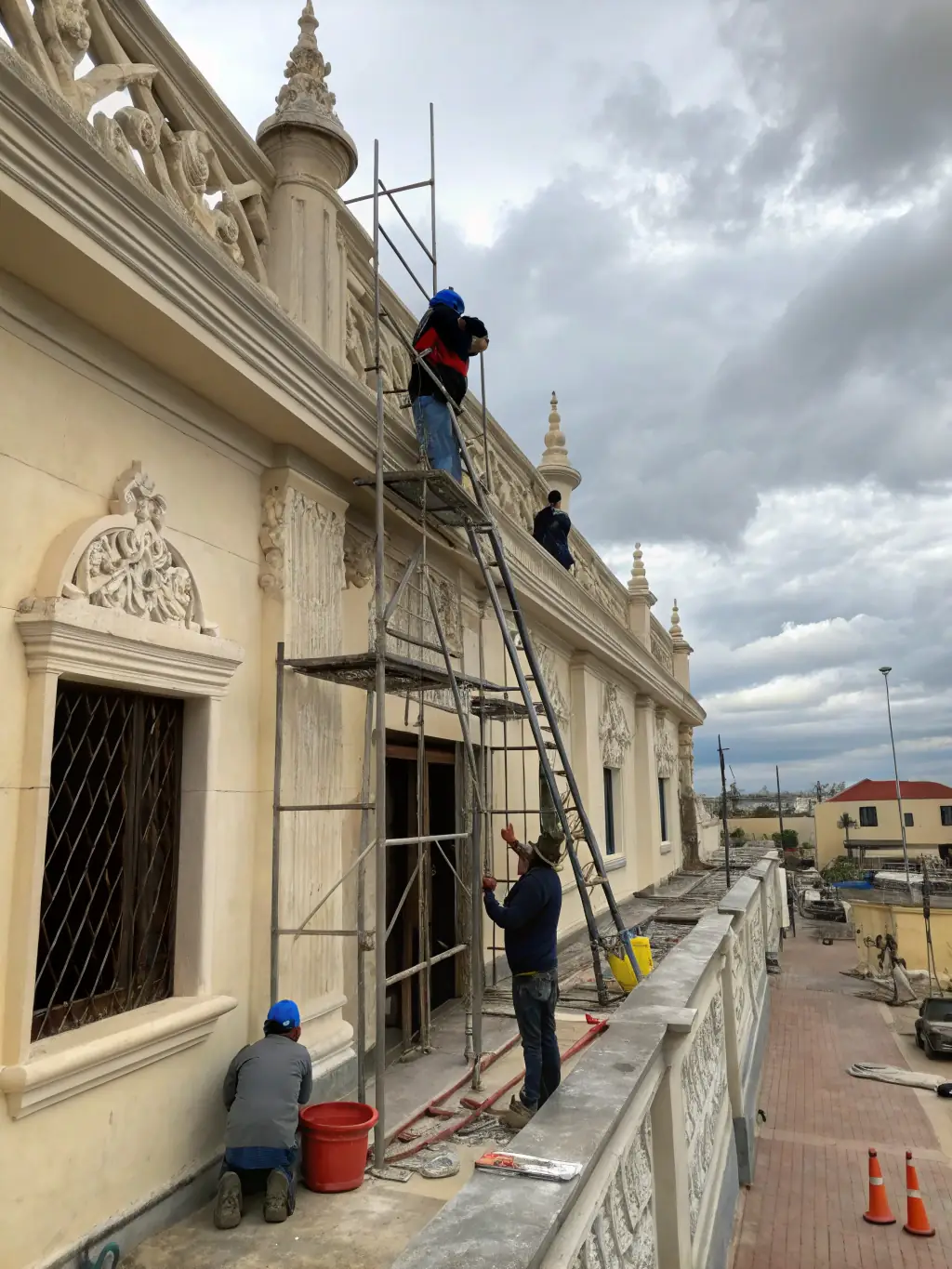 A partially renovated building with scaffolding, showcasing a bridging finance project. The building has a 'before and after' appearance, highlighting the transformation.