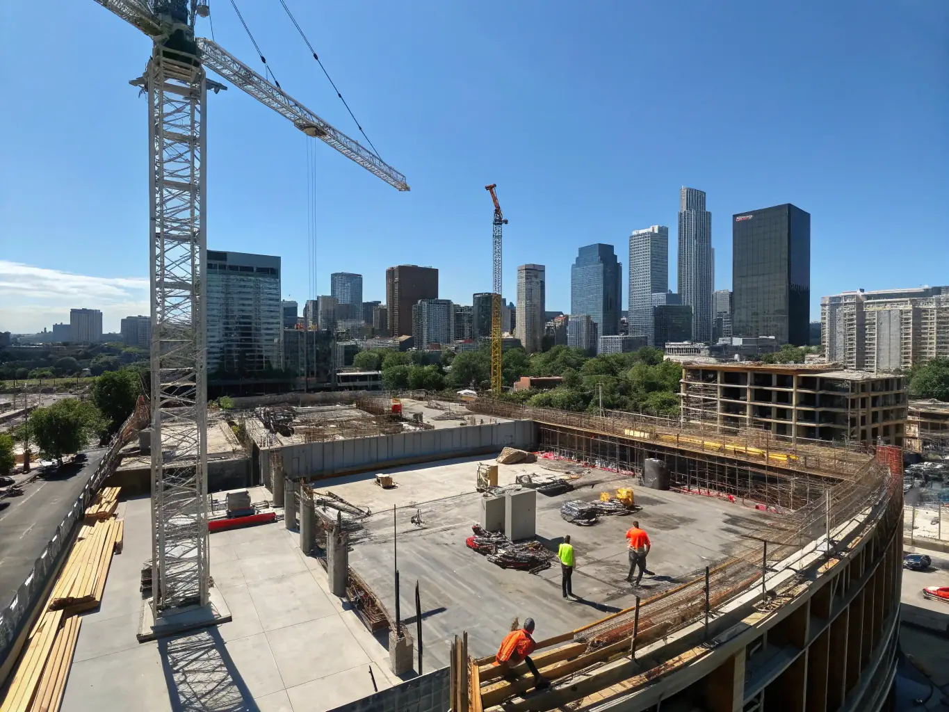 An image depicting a construction site with modern buildings in progress, symbolizing development finance at work. The image should convey progress, growth, and investment.
