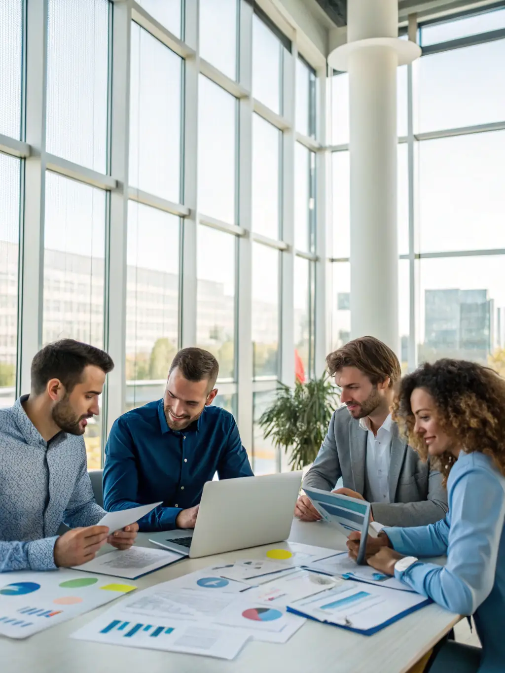 A busy office environment with employees working on computers and collaborating, symbolizing commercial finance solutions. The atmosphere is productive and professional.